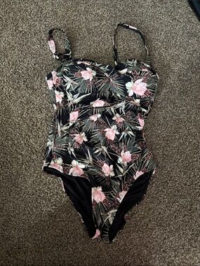 Niptuck Swim Floral Black One-Piece Swimsuit with Pink Blooms